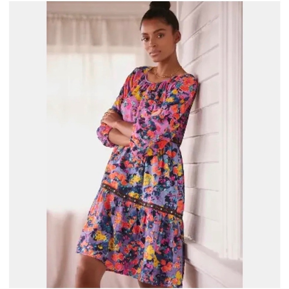 Anthropologie Floral Tiered Babydoll Mini Dress Purple Puff Sleeve Small Boho
